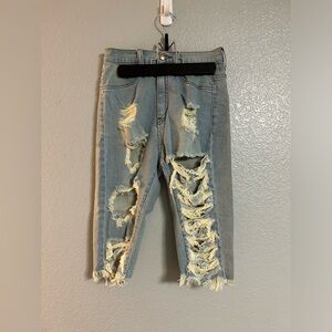 Women’s Light Blue stretch ripped high rise waisted Bermuda jean shorts size 3